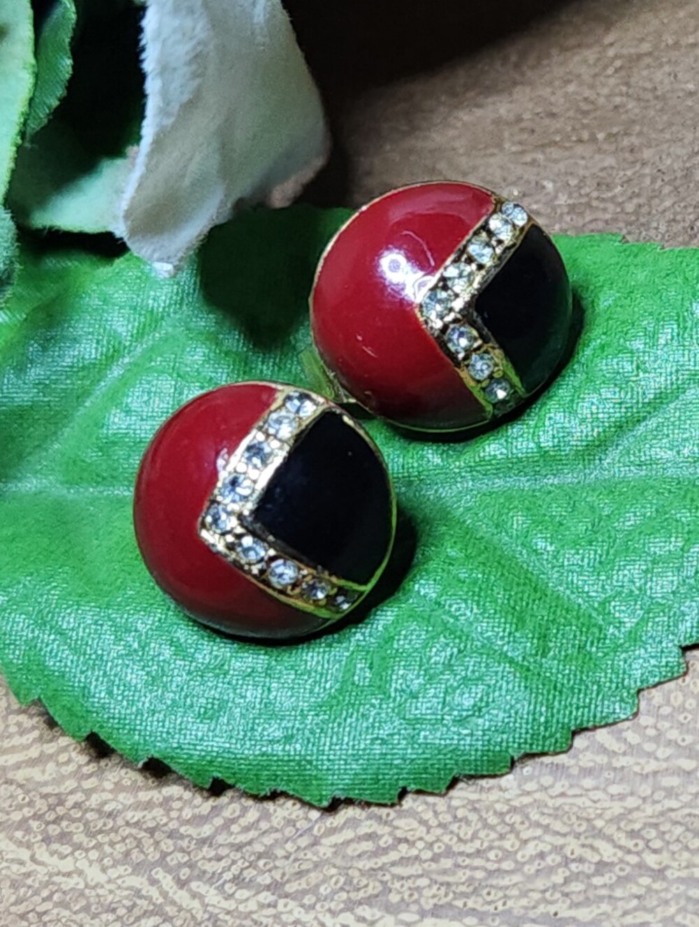 Vintage Red and Black Clipon Earrings With Rhinestone Accents